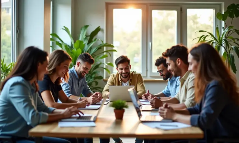 O que é o Turnover (rotatividade) e como reduzir a saída de funcionários? Equipe diversa trabalhando feliz em escritório moderno e vibrante.