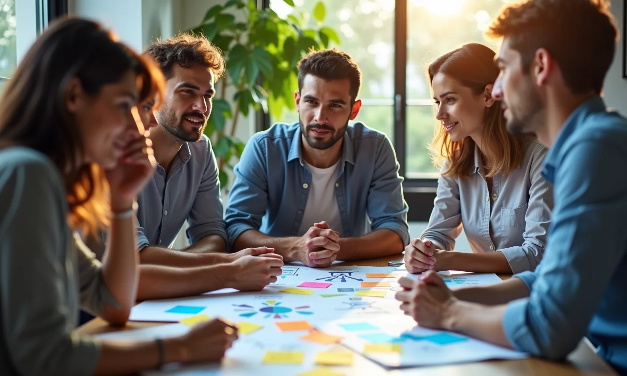 Equipe diversa validando modelo de negócio em brainstorming.
