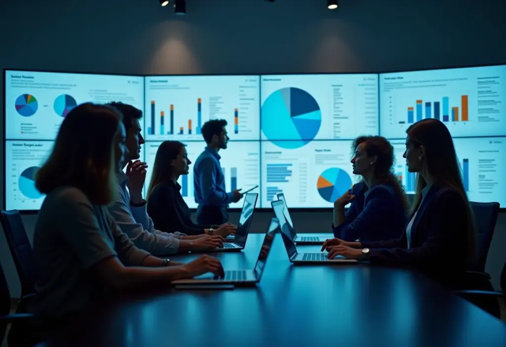 Equipe diversificada analisando dados em ambiente corporativo moderno