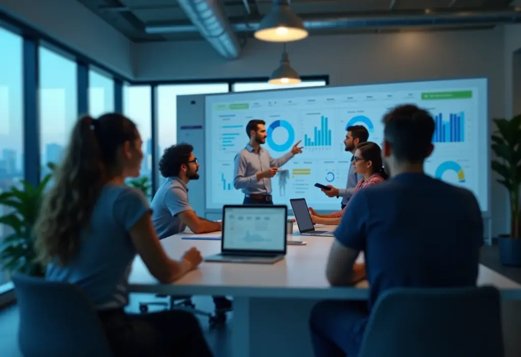 Equipe diversificada analisando dashboards de big data no RH.