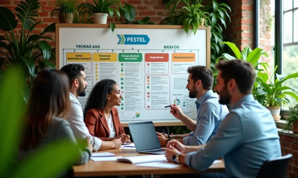 Equipe diversificada analisando gráfico PESTEL em escritório vibrante, representando análise estratégica do ambiente de negócios.