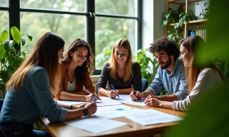 Equipe diversificada colaborando em escritório iluminado e cheio de plantas, representando inovação e diversidade.