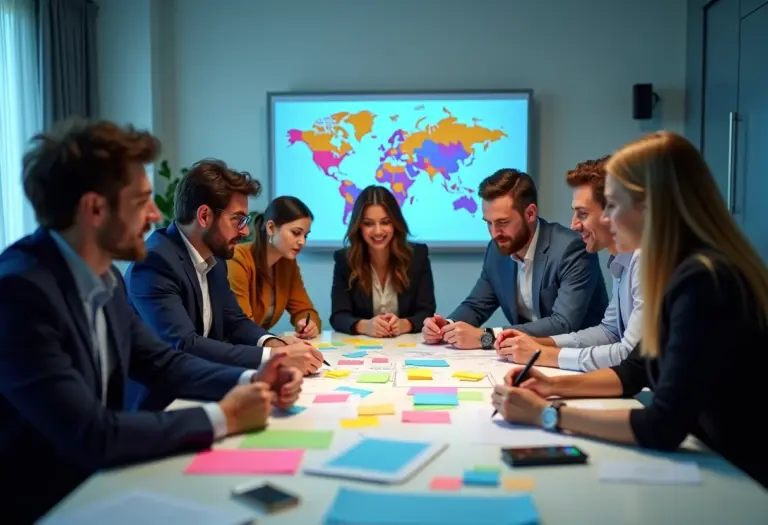 Método TRIZ: O guia prático para destravar sua criatividade Equipe diversificada colaborando em sessão de brainstorming para solução criativa de problemas.