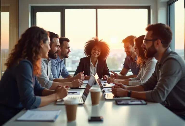 Gestão da Inovação: O guia definitivo para sua empresa decolar Equipe diversificada colaborando em um ambiente de trabalho moderno e inovador.