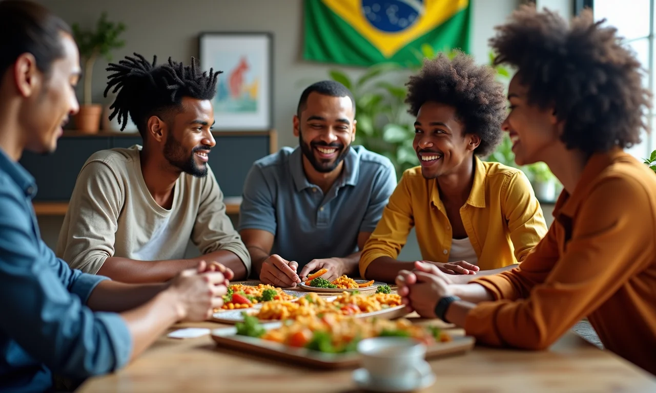 Equipe diversificada compartilhando ideias em mesa com lanches brasileiros, incentivando a colaboração e inovação.