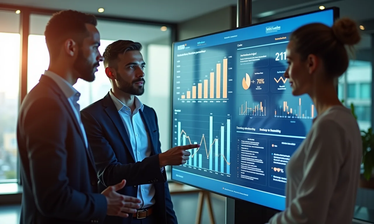 Equipe diversificada discute inovação tecnológica com dashboard interativo, mostrando tendências e gráficos, em escritório moderno com luz natural.
