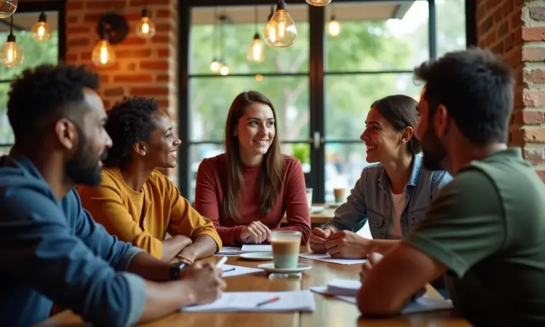 Como Prospectar Clientes e Expandir sua Base de Consumidores Equipe diversificada em brainstorming em um café brasileiro, planejando estratégias de crescimento.