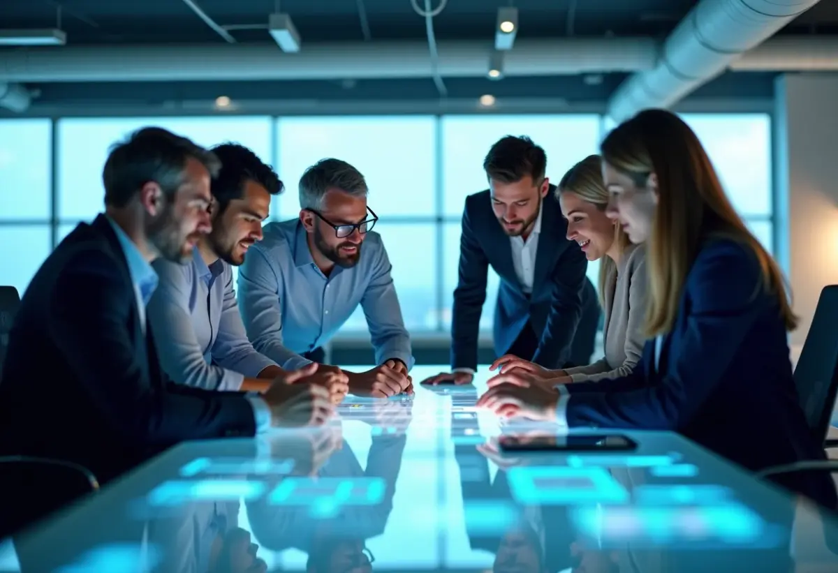 Equipe diversificada trabalhando em projeto inovador B2B.
