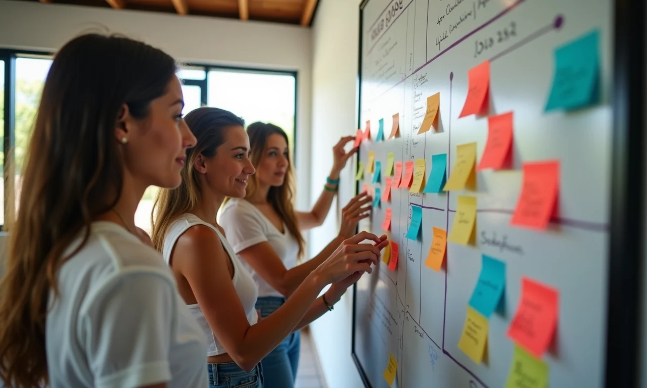Equipe implementando plano de ação com notas adesivas.