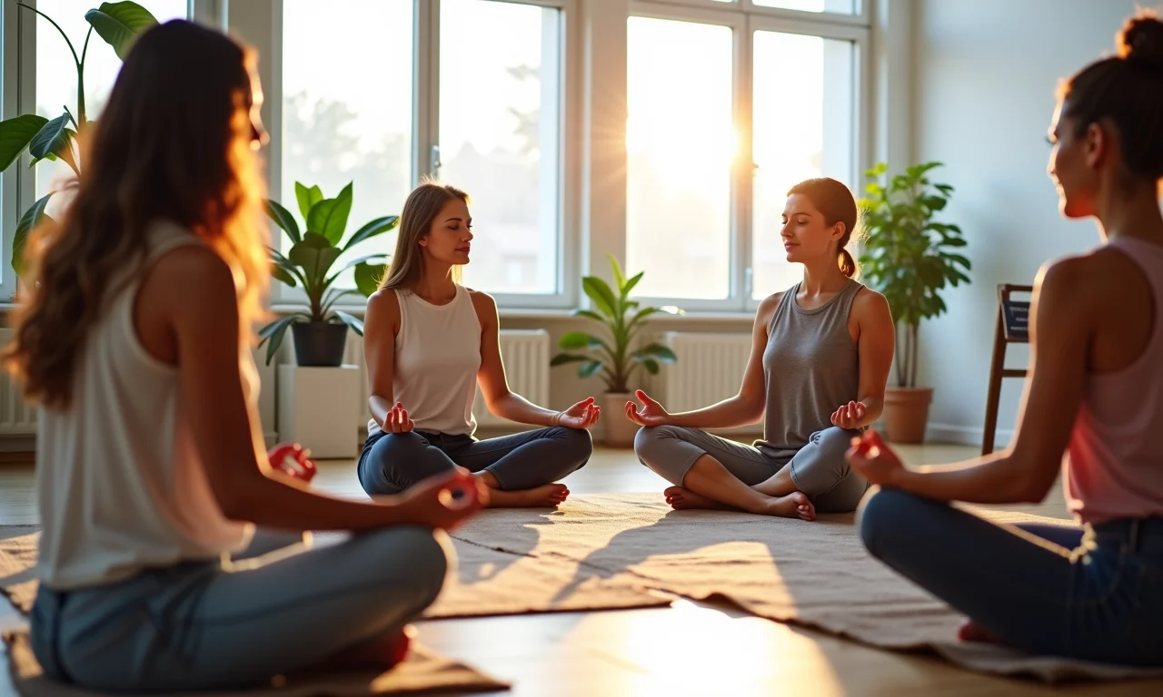 Equipe meditando junta em um escritório moderno.