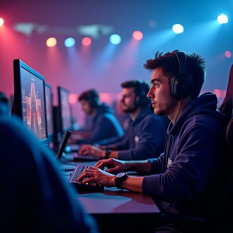 Equipe profissional de e-sports competindo em um torneio de alto nível.