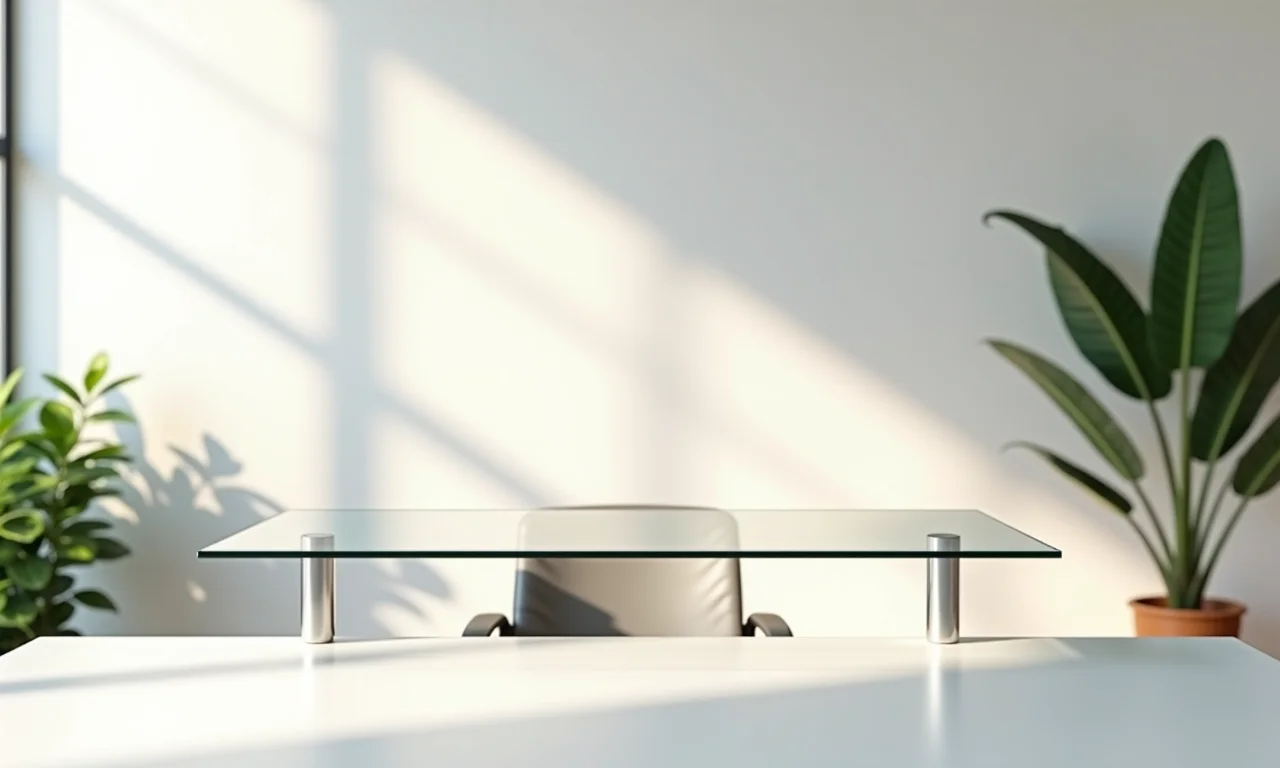Escritório minimalista brasileiro com mesa organizada e citação motivacional.