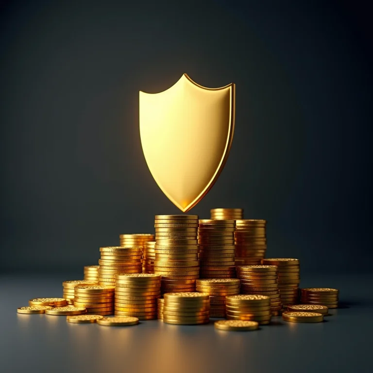 Escudo protegendo moedas de ouro de indicadores econômicos negativos