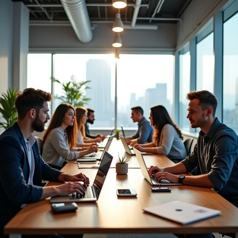 Espaço de coworking moderno e inspirador com profissionais diversos.