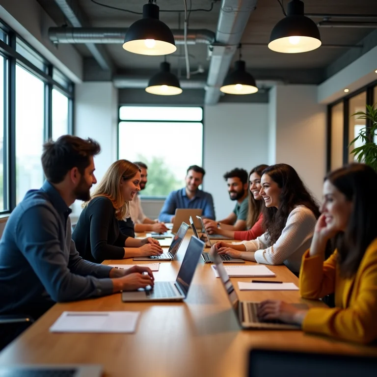 Espaço de coworking vibrante com pessoas diversas trabalhando juntas.
