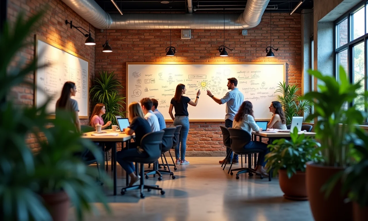 Espaço de escritório aberto com funcionários diversos colaborando e quadros brancos cheios de ideias de inovação.