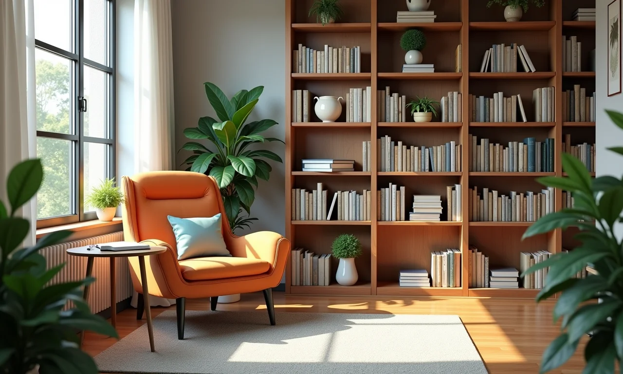 Espaço de leitura em escritório com poltrona confortável e livros.
