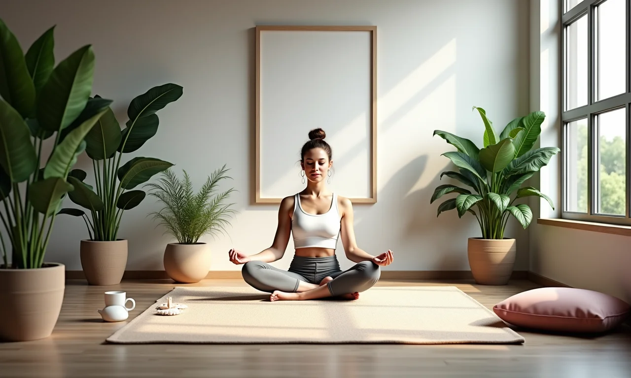Espaço de meditação e yoga em escritório com luz natural e almofadas.