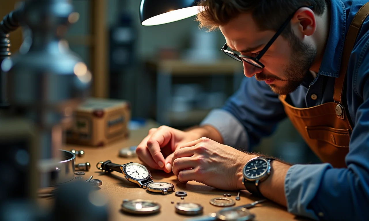 Especialista autenticando relógio vintage com lupa em oficina iluminada