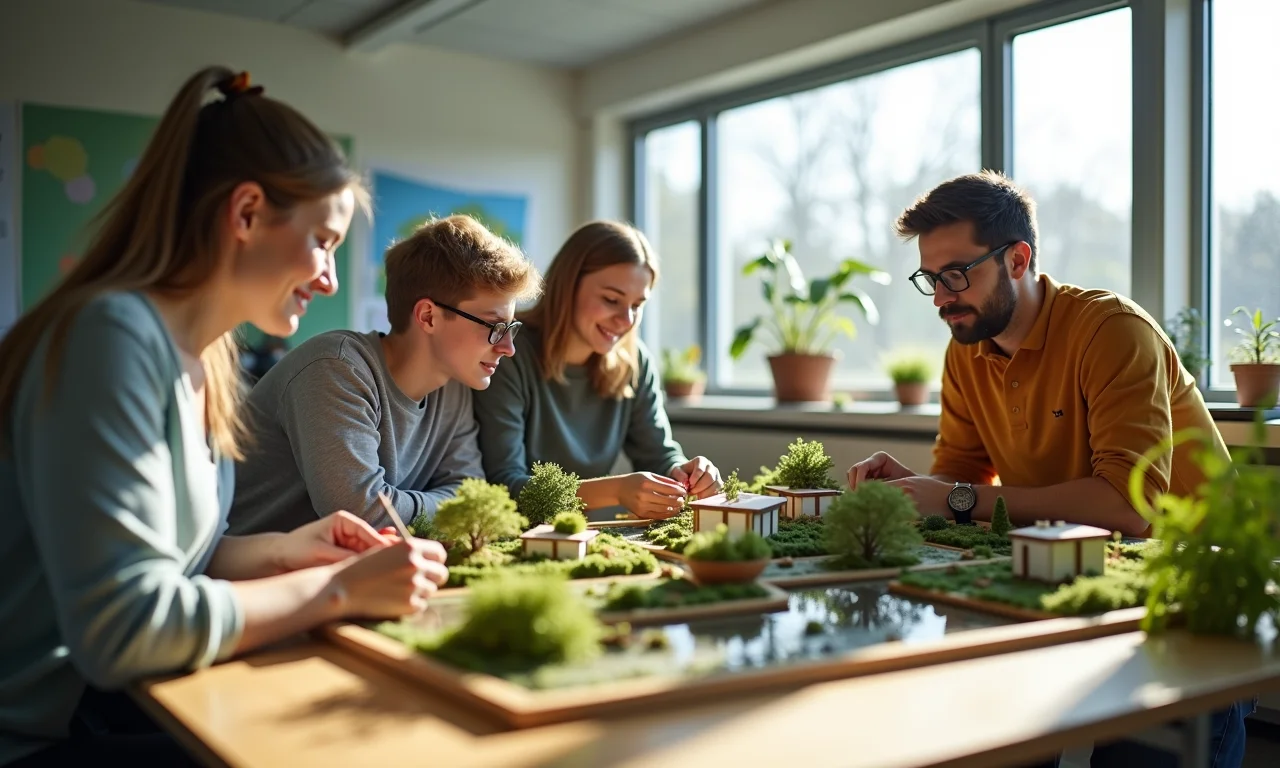 Estudantes adultos engajados em projeto colaborativo, construindo modelo de cidade sustentável em sala de aula moderna.