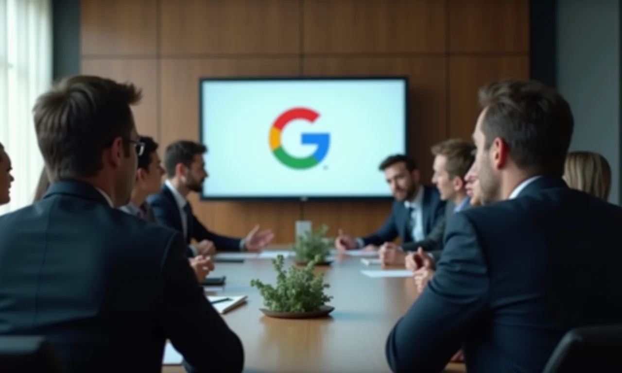 Executivos em reunião rejeitando um acordo, com o logo do Google ao fundo, simbolizando a recusa em adquirir o Google.