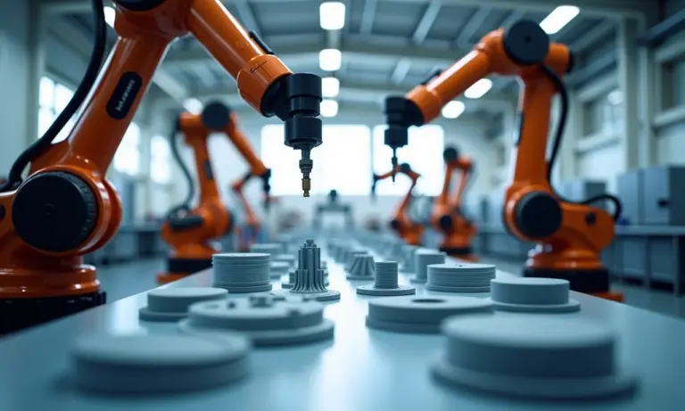 Manufatura Aditiva O Impacto da Impressão 3D na Indústria Fábrica moderna com braços robóticos e impressoras 3D em ação.