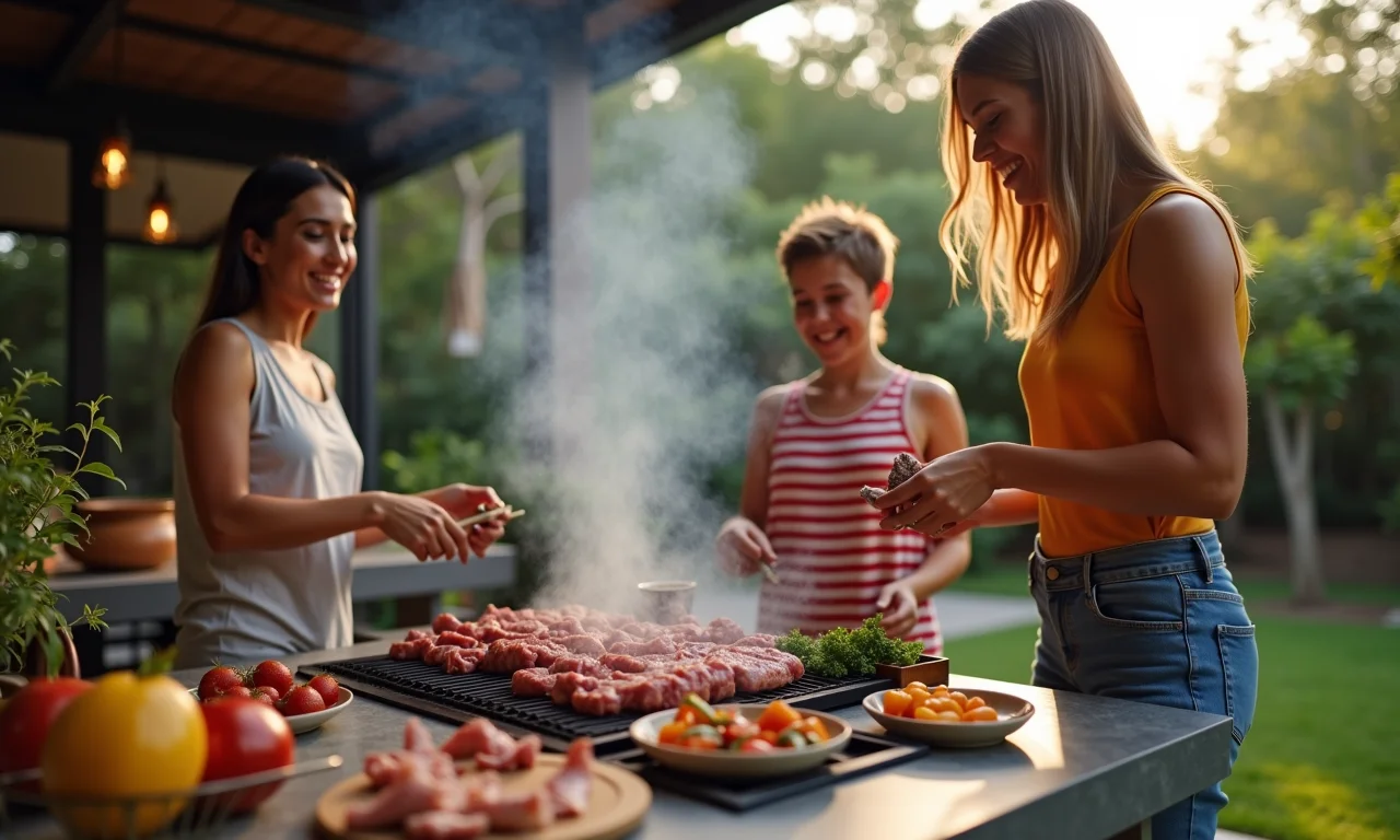 Família brasileira desfrutando de churrasco com carne de laboratório em quintal moderno.