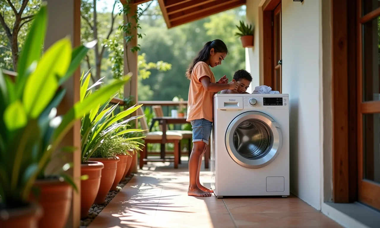 Família brasileira usando máquina de lavar acessível em pátio ensolarado com plantas.