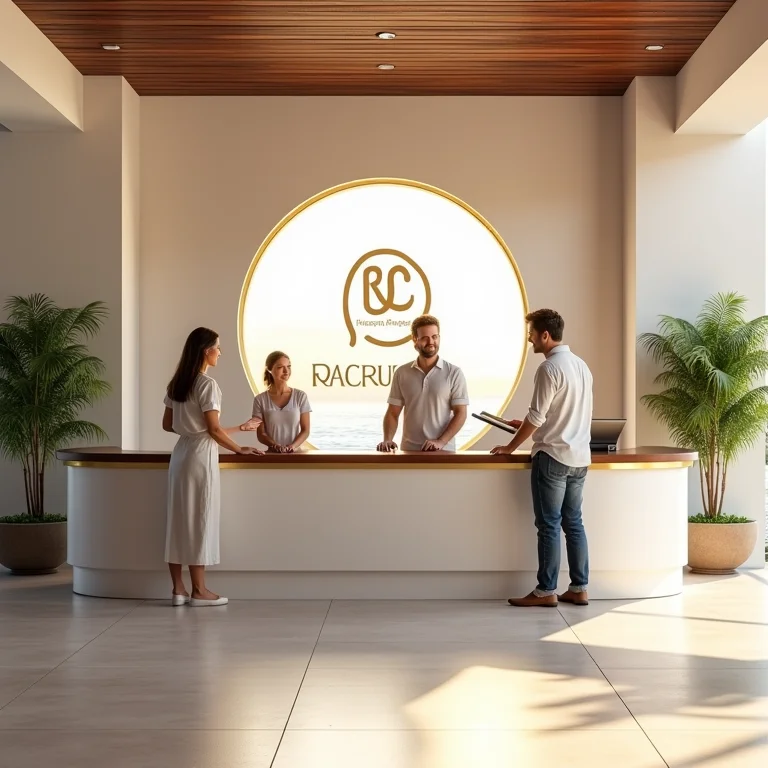 Família fazendo check-in em resort moderno com selo RCI