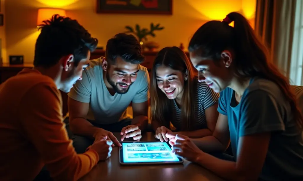 Família reunida analisando ativos digitais em tablet, planejamento sucessório.
