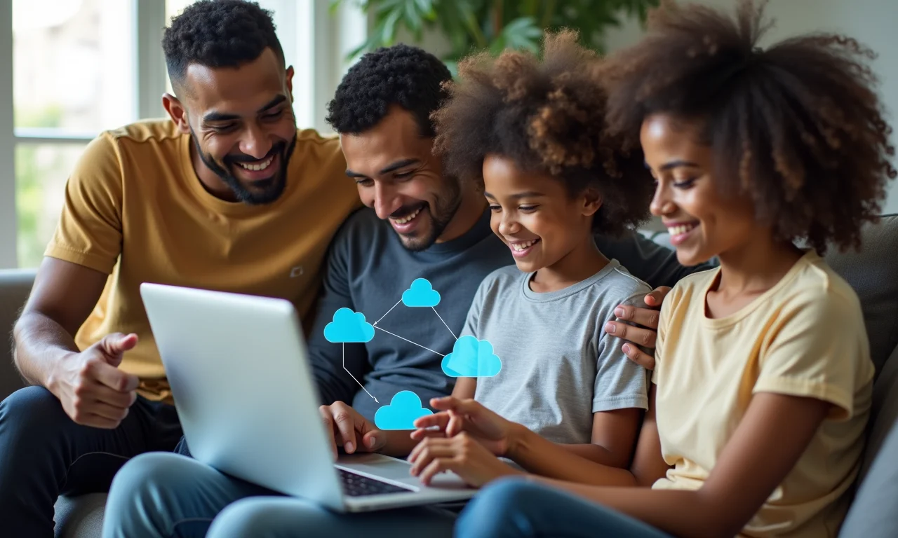 Família revisando planejamento digital em laptop com ícones de nuvem.
