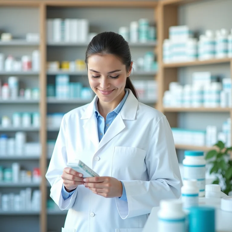 Farmacêutico preparando prescrição de medicamento personalizada.