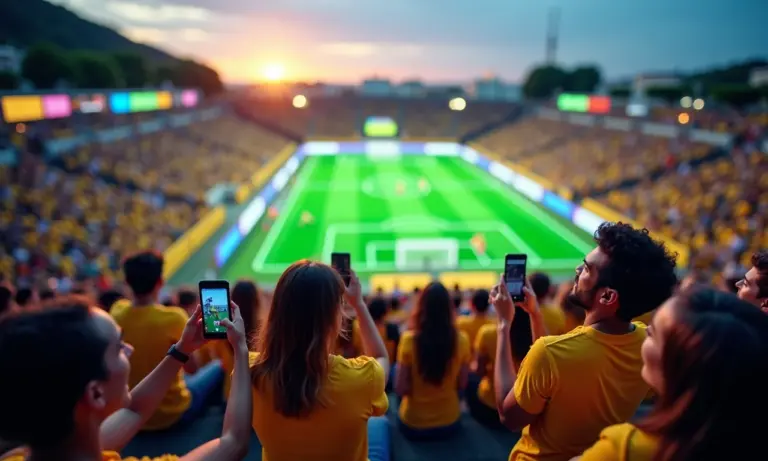 Fãs brasileiros assistem a jogo em telão com tecnologia, vibrantes e diversos.