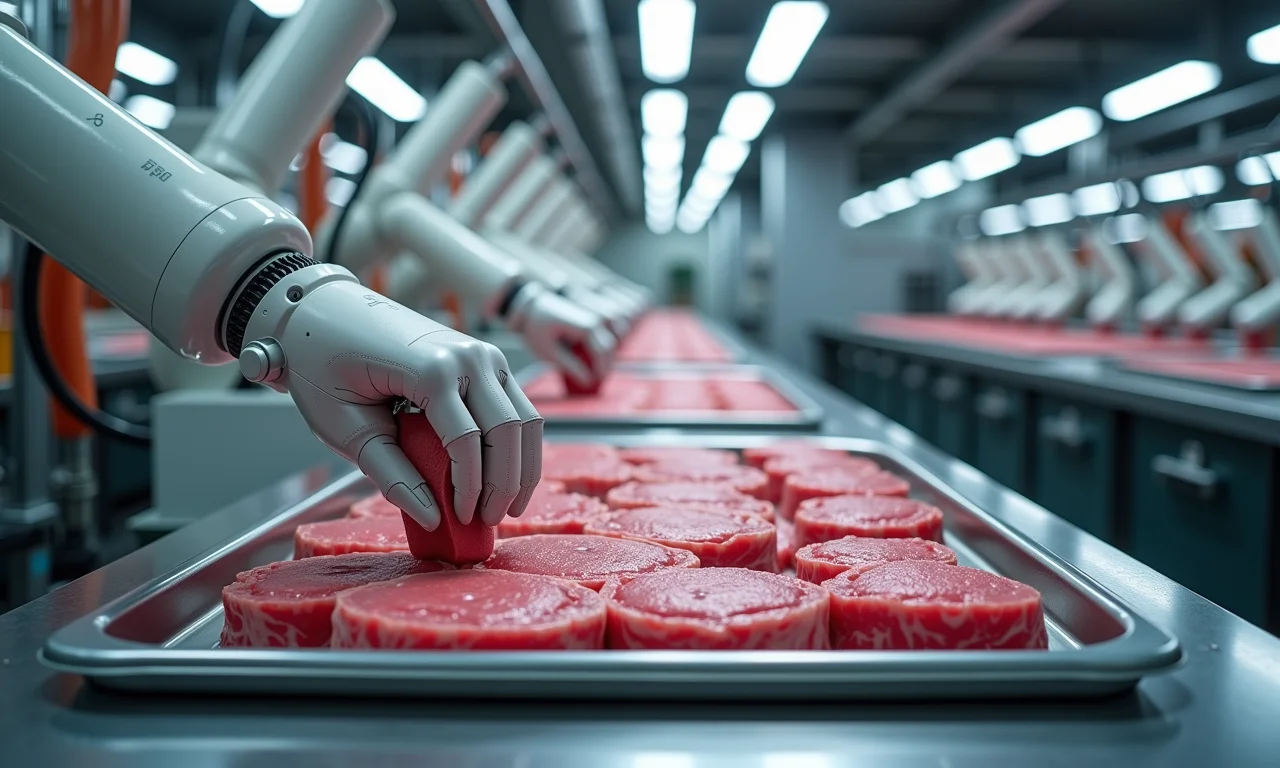 Fazenda de bioreatores automatizada para produção de carne cultivada com braços robóticos.