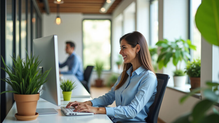 Escritório moderno e iluminado com móveis ergonômicos e decoração vibrante.