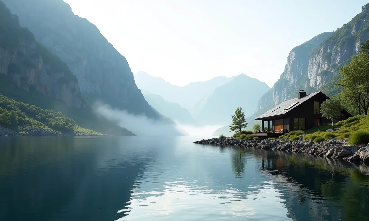Fiorde norueguês com casas ecológicas, representando o foco no patrimônio líquido.