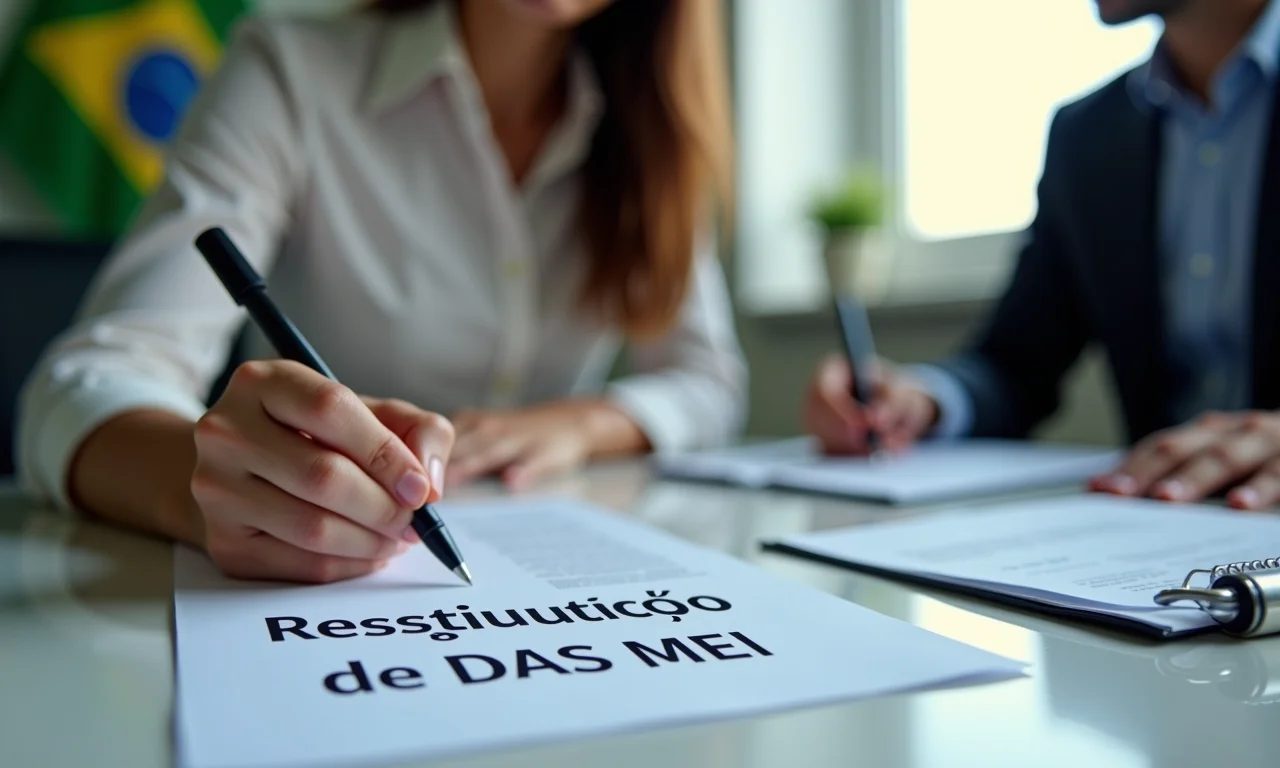 Formulário de restituição do DAS MEI sendo preenchido em uma mesa.