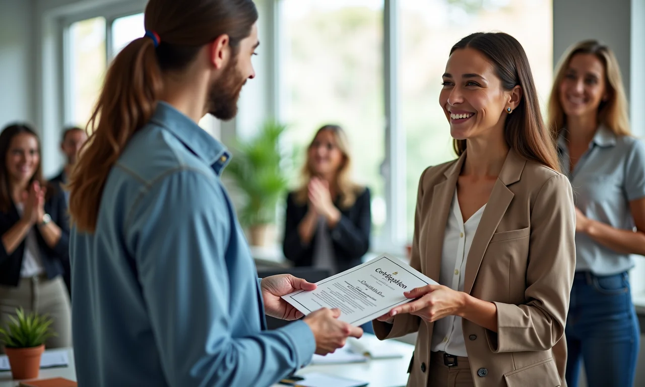 Funcionário sendo promovido e recebendo certificado em ambiente de trabalho.