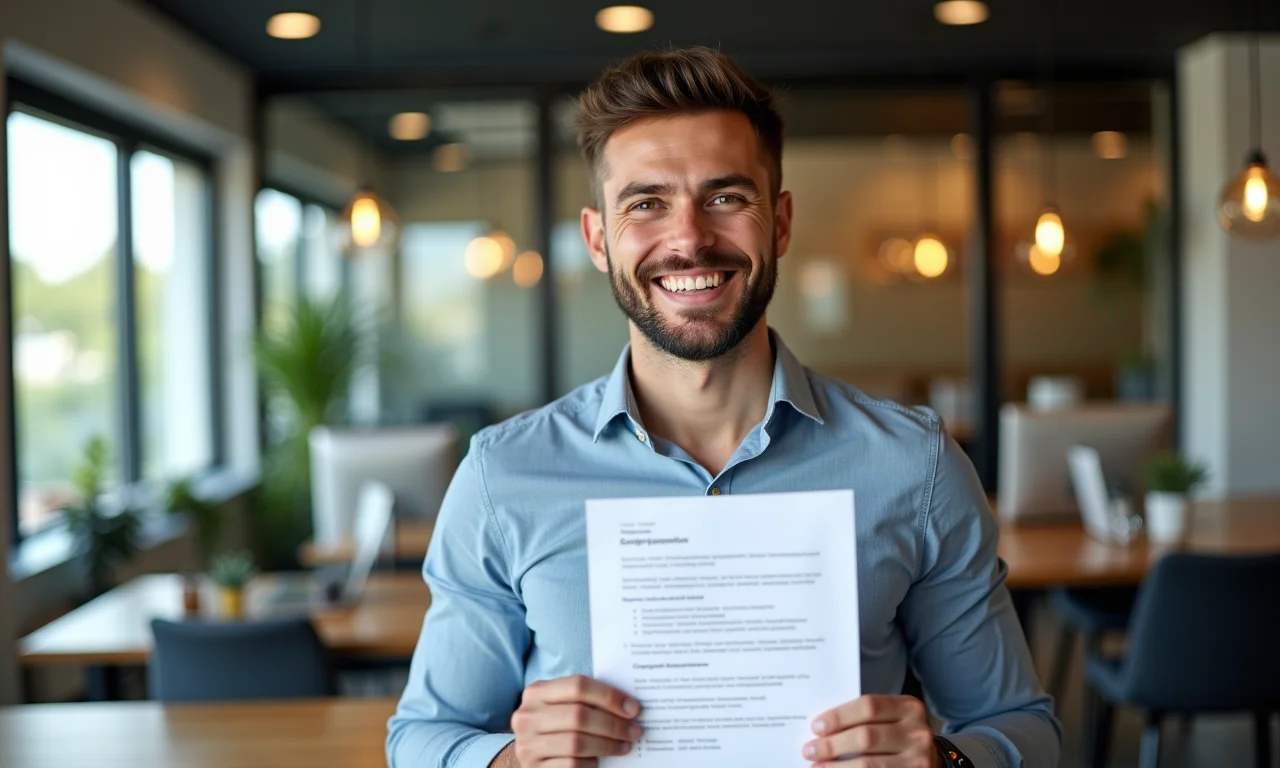 Funcionário sorrindo ao receber proposta de salário e benefícios.