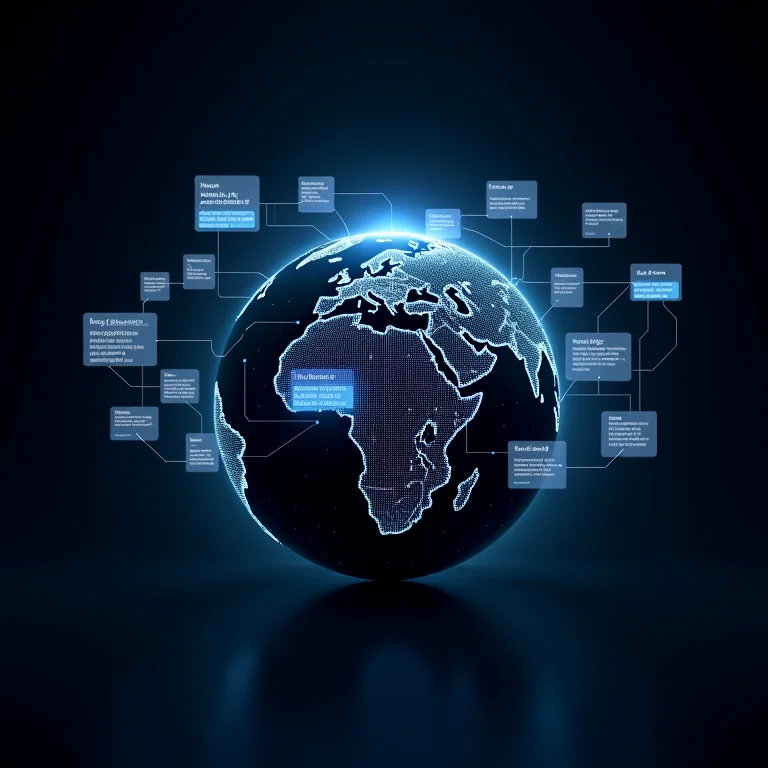 Globo terrestre com pontos de dados interconectados traduzindo idiomas em tempo real, representando a tradução automática.