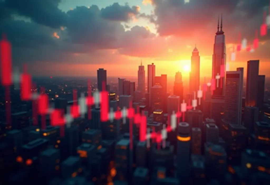 Gráfico de ações sobreposto a uma paisagem urbana ao pôr do sol, representando o mercado financeiro.