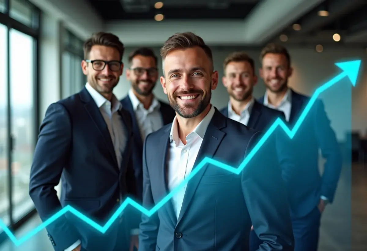 Value Investing: O segredo para lucrar em meio à crise Gráfico de valor de ações em alta com equipe de investimento diversificada ao fundo