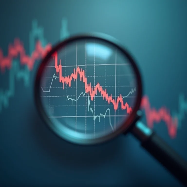 Gráfico de vendas em queda sendo analisado com uma lupa.