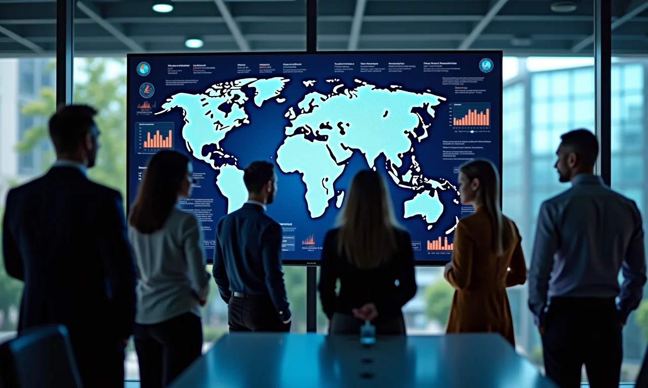 Gráfico do mercado de ações global exibido em um telão, pessoas diversas discutindo investimentos.