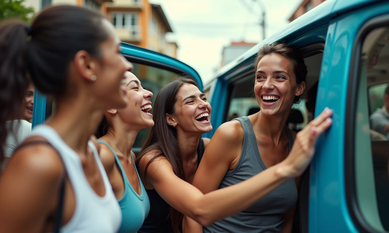 Grupo de amigos saindo de um carro 99 em rua movimentada.
