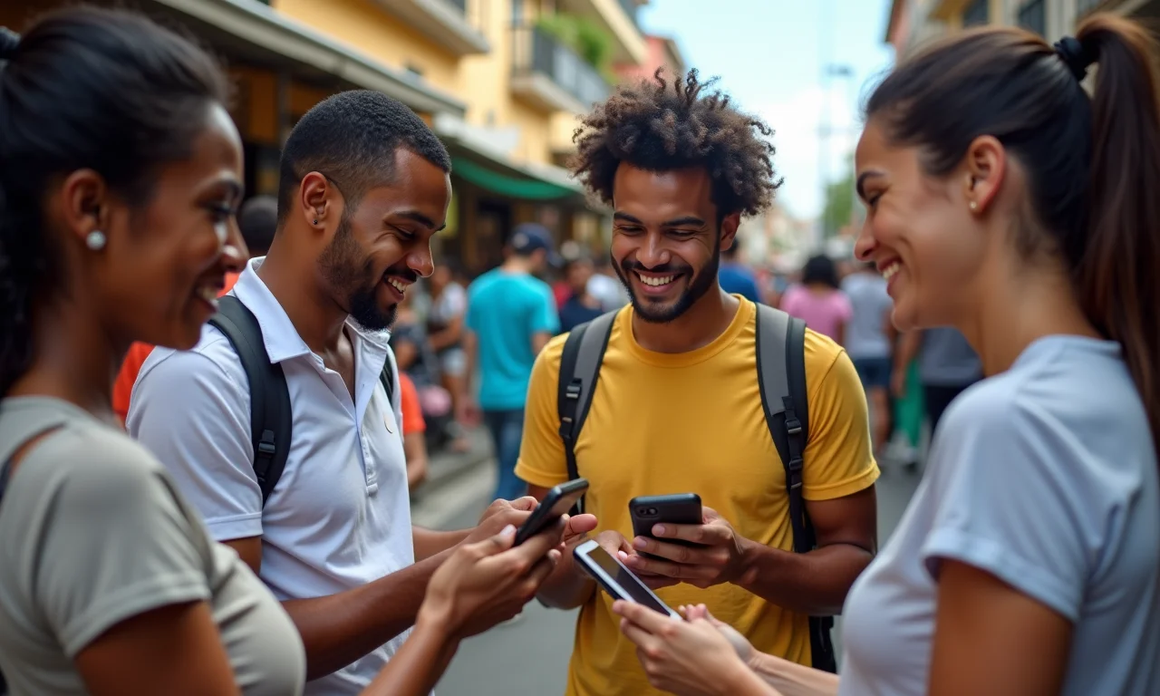 Grupo de brasileiros usando app de pagamento móvel em mercado de rua em Salvador, Bahia.