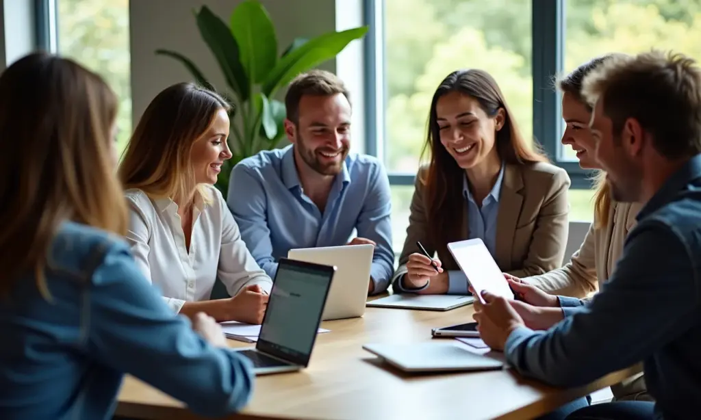 Grupo de empreendedores analisando dados do Instagram em dispositivos diversos.