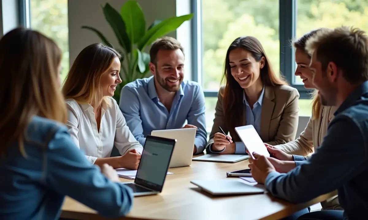 Como Usar o Instagram para Negócios e Transformar Seguidores em Clientes Grupo de empreendedores analisando dados do Instagram em dispositivos diversos.
