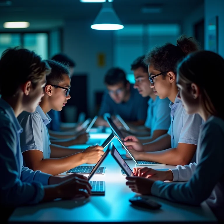 Grupo de estudantes colaborando em um projeto digital usando uma plataforma online compartilhada.