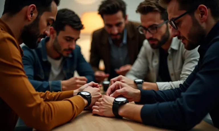 Investimentos em Relógios o Guia Completo Para Colecionar e Lucrar Grupo diversificado avaliando relógios de luxo em ambiente aconchegante